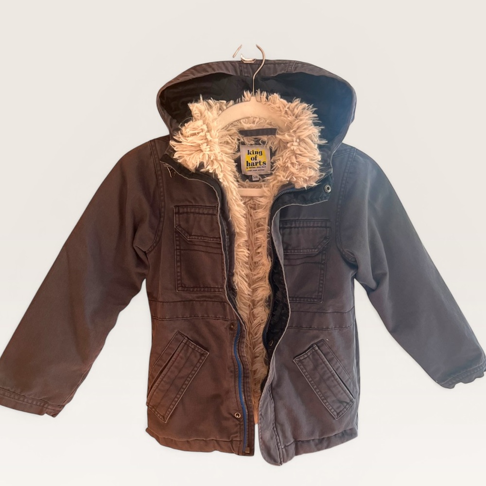King of Harts Blue-Gray Hooded Faux-Fur Lined Jacket